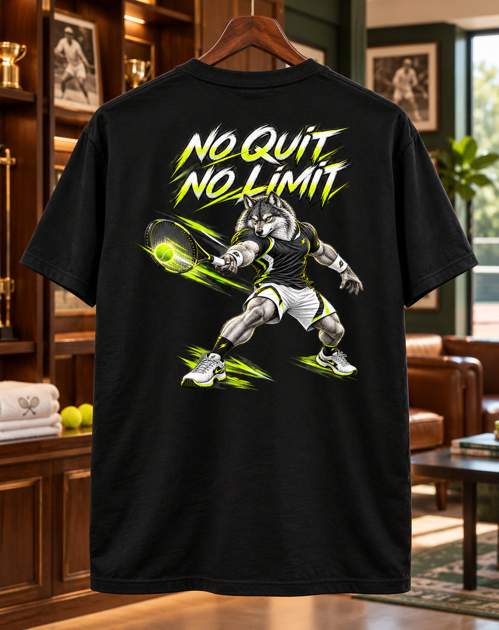 T-shirt tennis noir SKL Motion sur cintre, mascotte tennis et slogan au dos