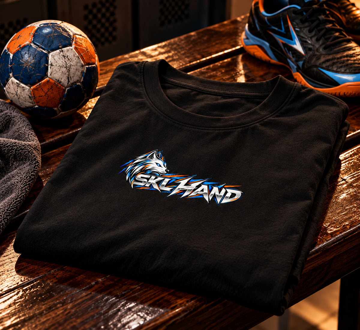 T-shirt handball noir plié dans un vestiaire, détail du logo SKL Hand