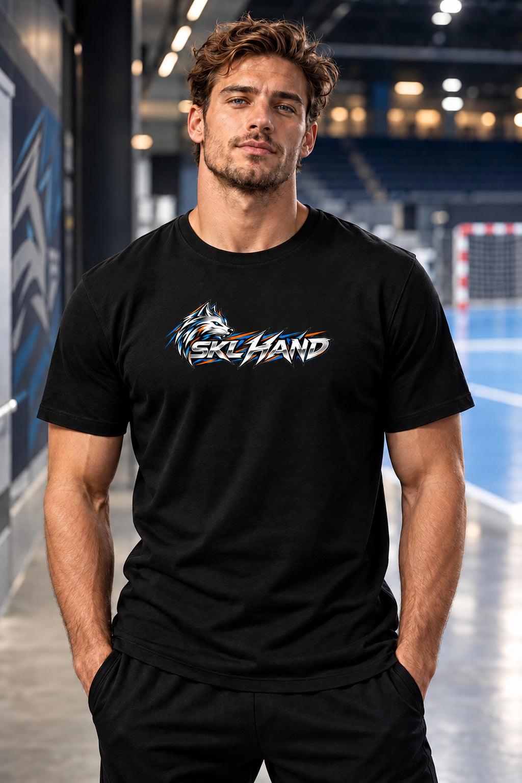 T-shirt handball noir porté de face avec logo SKL Hand bleu, blanc et orange