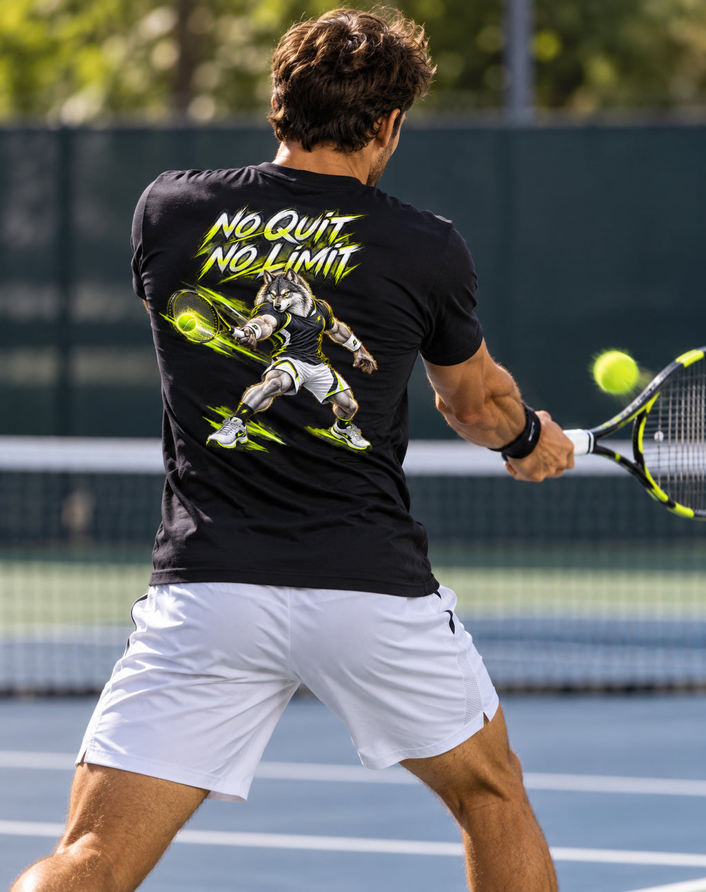 T-shirt tennis noir SKL Motion en action, vue de dos