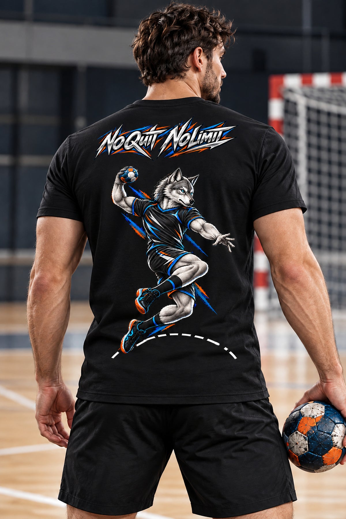T-shirt handball noir porté de dos avec loup joueur et inscription No Quit No Limit