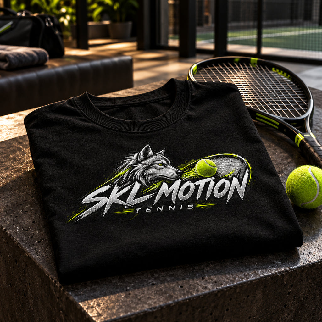 T-shirt tennis noir SKL Motion plié, motif dos visible