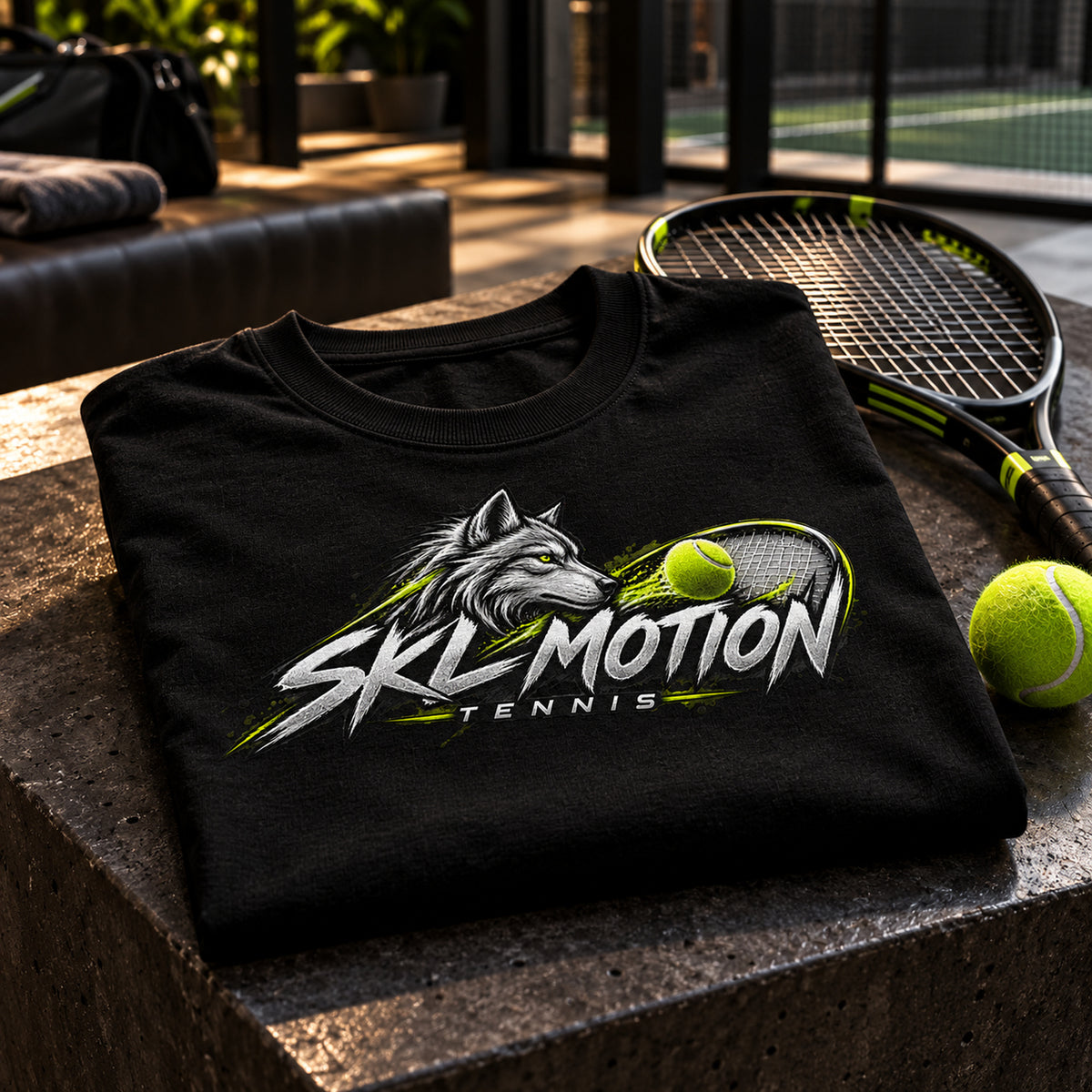 T-shirt tennis noir SKL Motion plié, motif dos visible