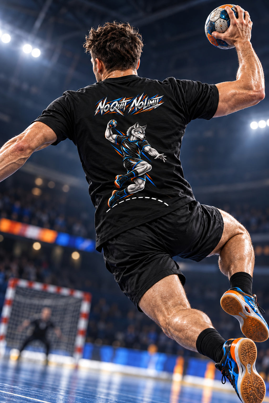 T-shirt handball noir porté de dos pendant un tir, motif loup joueur bleu et orange
