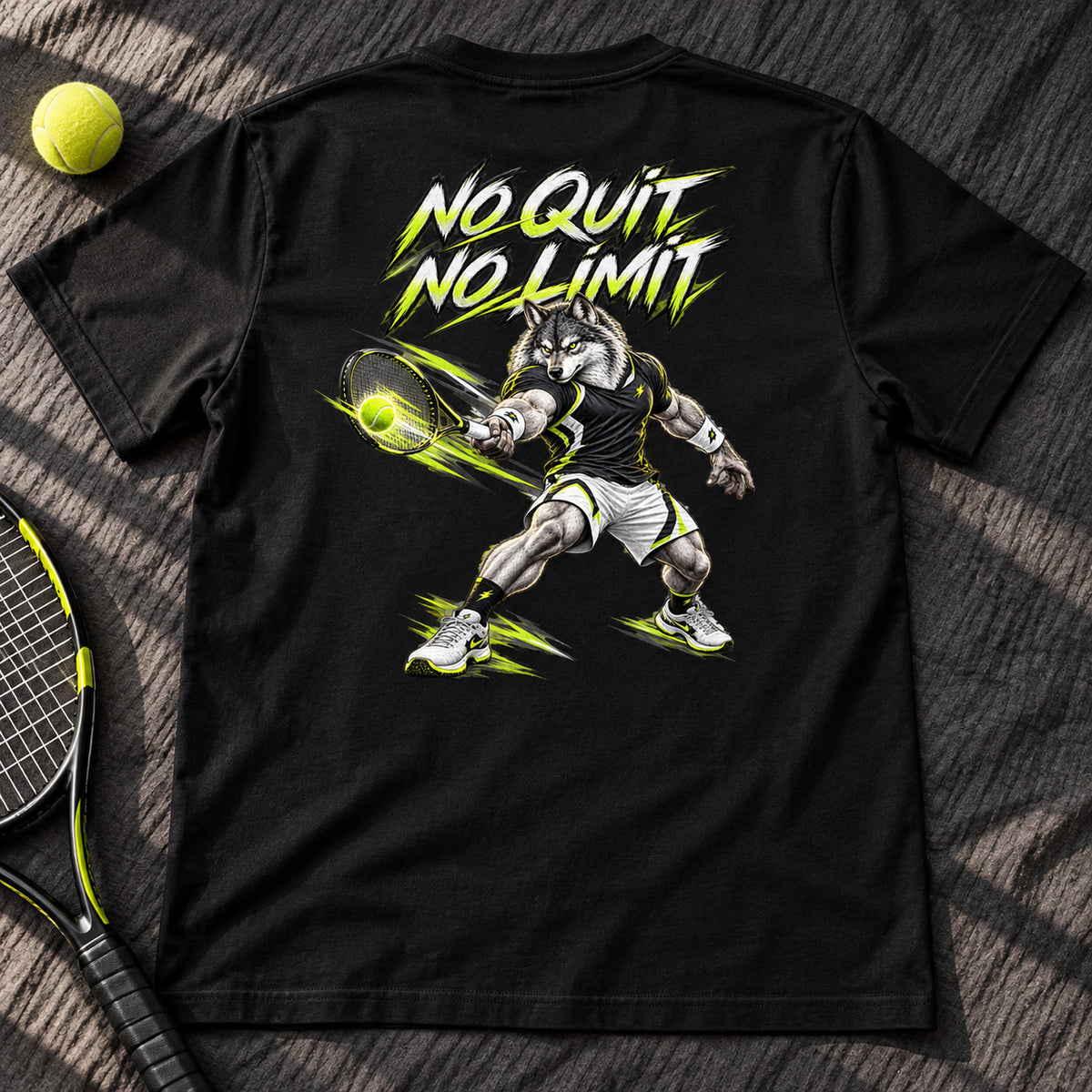 T-shirt tennis noir SKL Motion posé à plat, motif dos No Quit No Limit et mascotte à la raquette