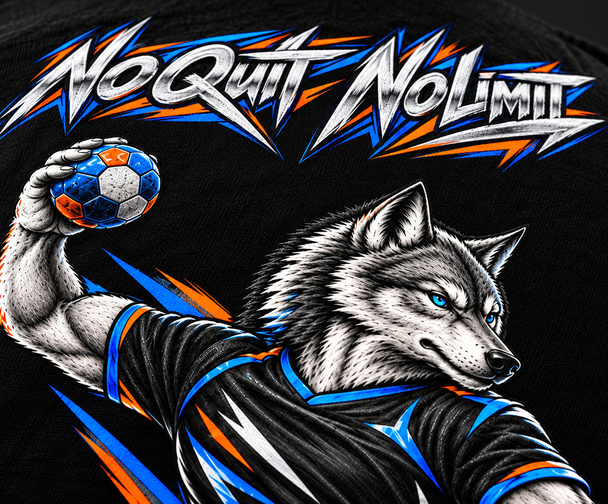 Détail du motif loup handballeur et de l'inscription No Quit No Limit au dos