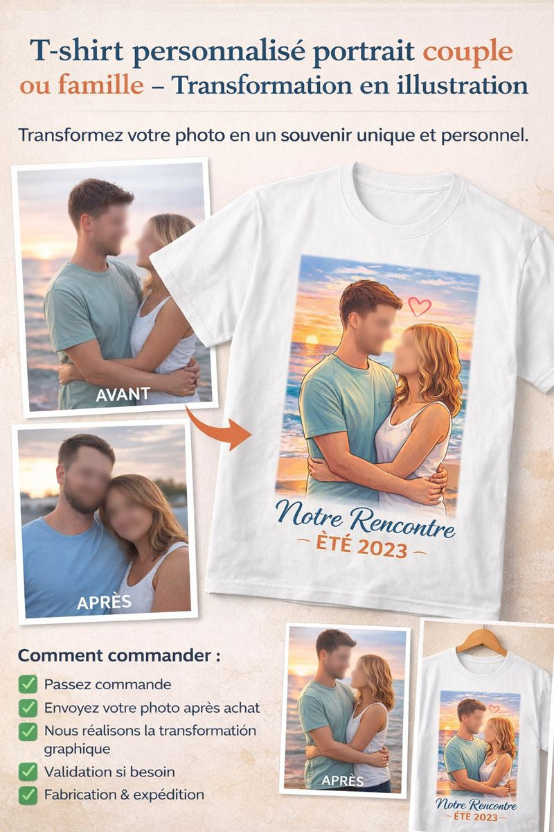 T-shirt personnalisé portrait couple ou famille – Transformation de photo en illustration