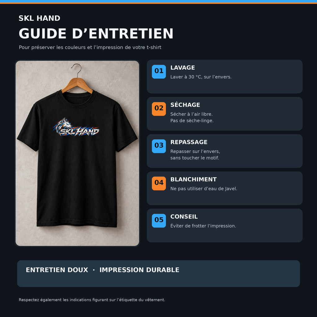 Guide d'entretien SKL Hand : lavage à 30 °C sur l'envers, séchage à l'air libre et repassage hors motif