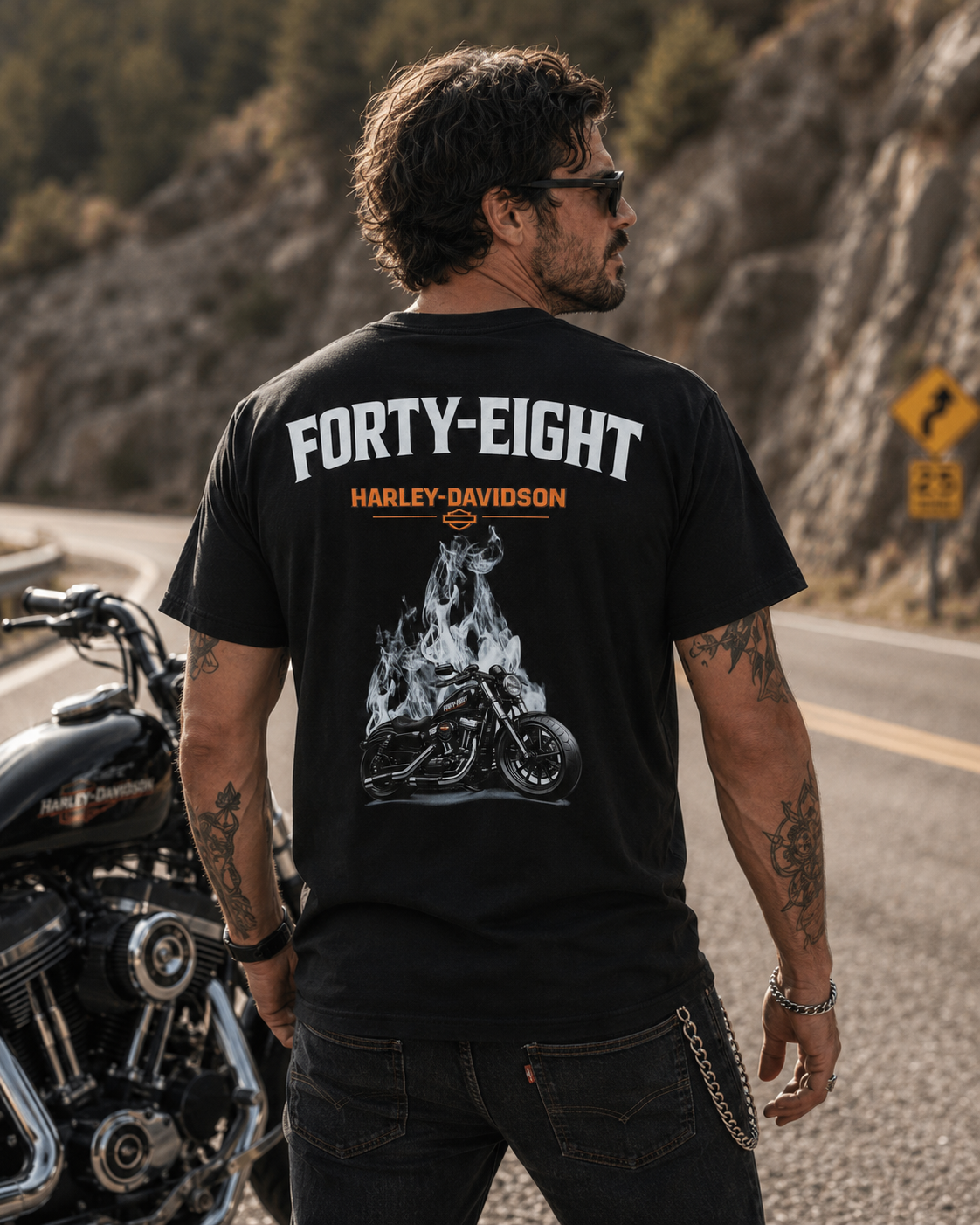 T-Shirt Moto Style Harley Forty Eight 48 Noir | T-Shirt Motard Homme | Impression Avant & Dos XXL | SKL Motion