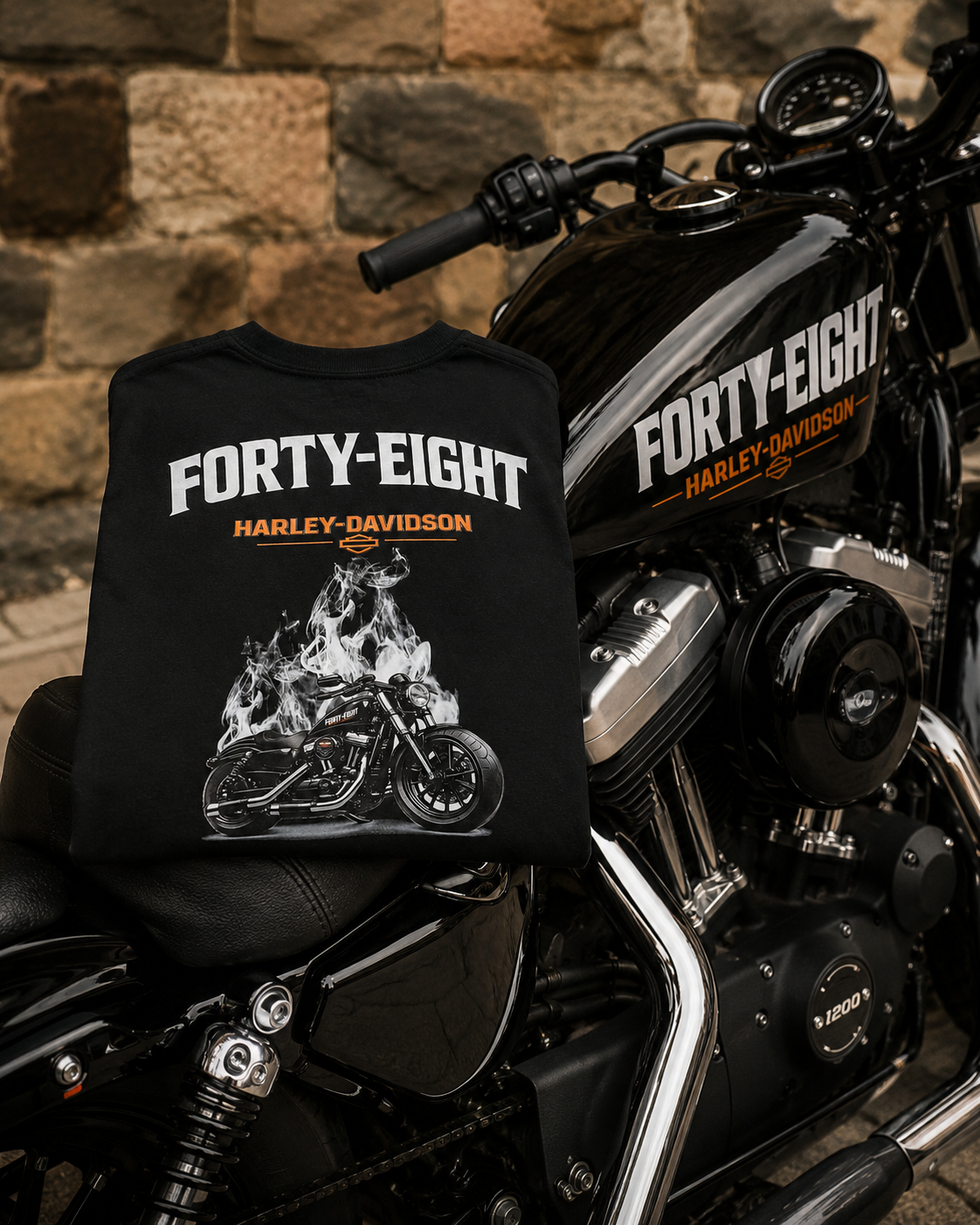 T-Shirt Moto Style Harley Forty Eight 48 Noir | T-Shirt Motard Homme | Impression Avant & Dos XXL | SKL Motion