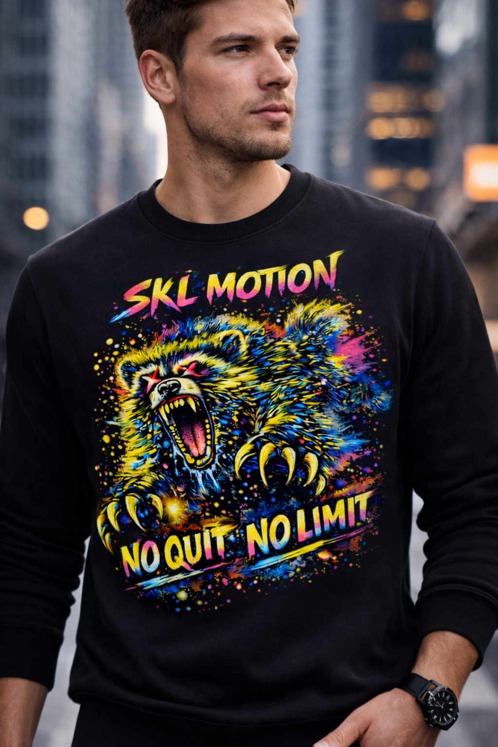 Sweatshirt Unisexe Noir – SKL Motion “No Quit No Limit” Neon Wolverine | Collection Motivation