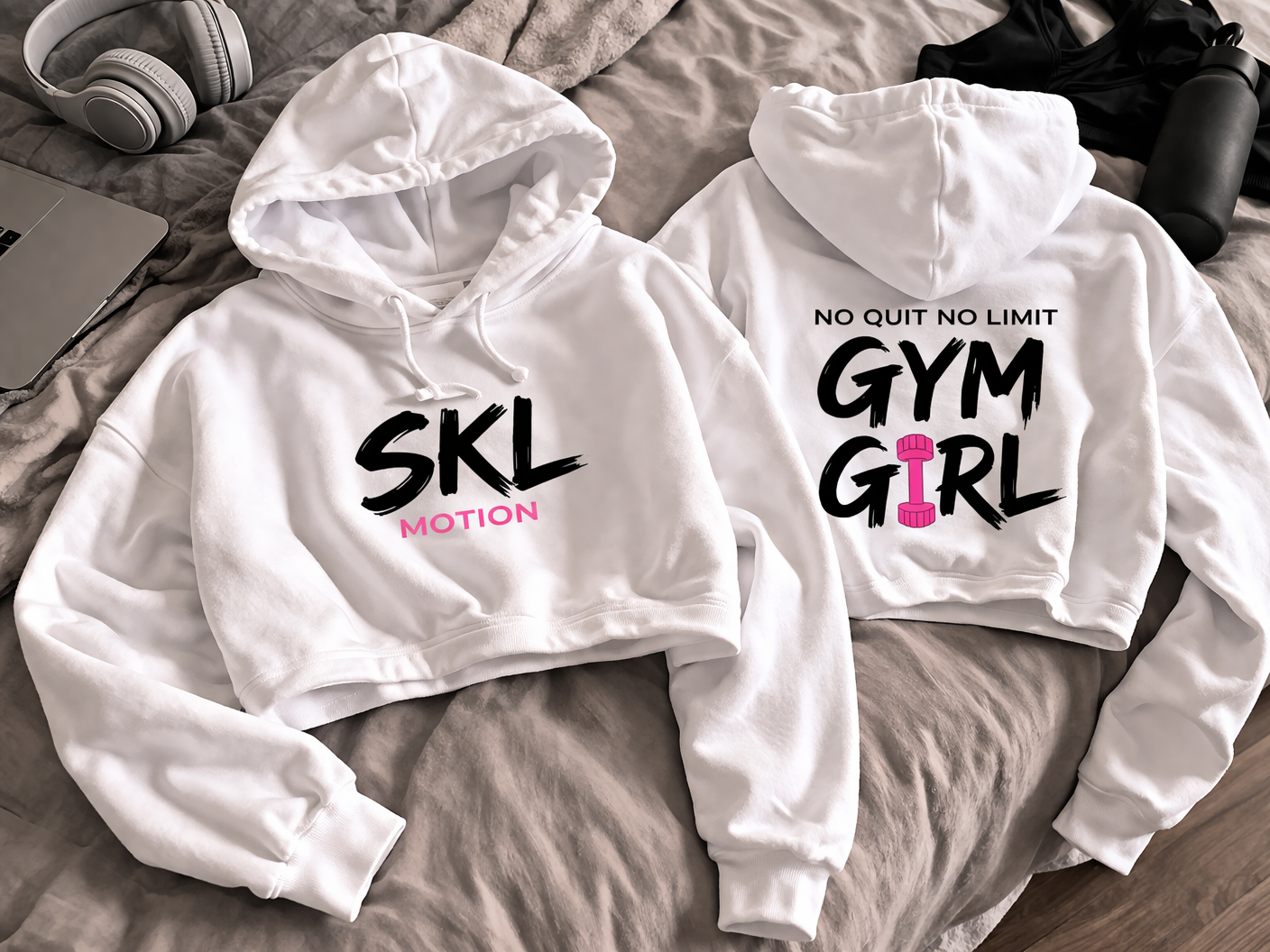 Crop Hoodie Femme Fitness – Gym Girl SKL Motion – Sweat Court Sport Blanc