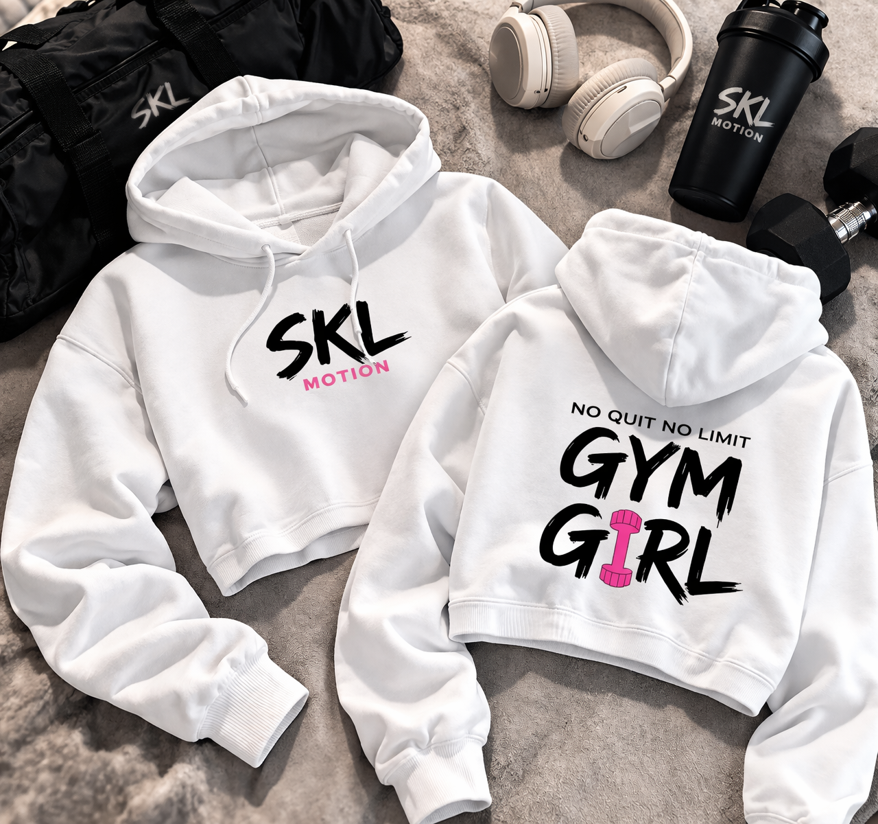 Crop Hoodie Femme Fitness – Gym Girl SKL Motion – Sweat Court Sport Blanc