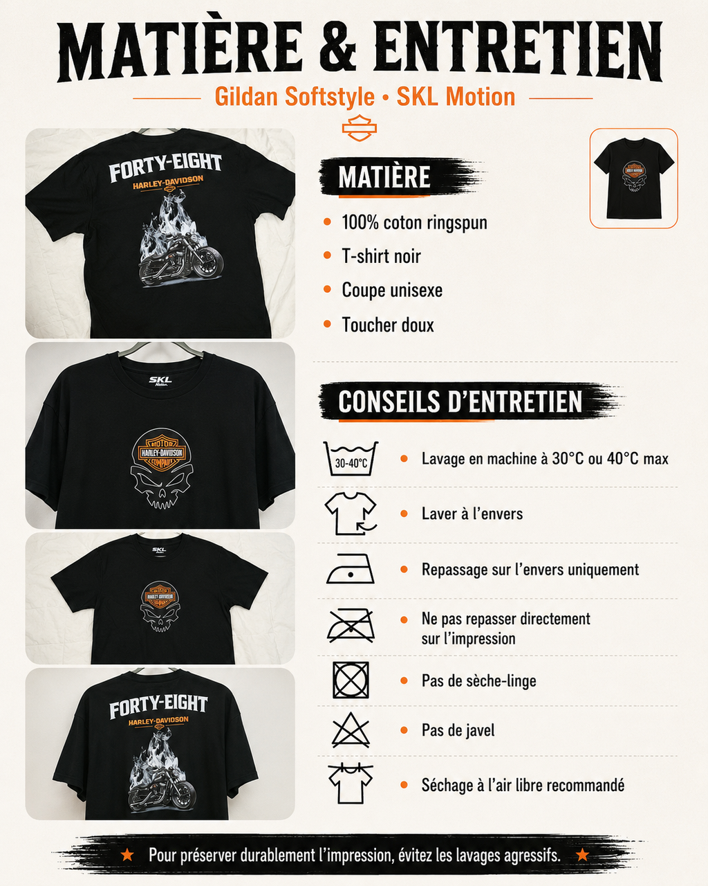 T-Shirt Moto Style Harley Forty Eight 48 Noir | T-Shirt Motard Homme | Impression Avant & Dos XXL | SKL Motion