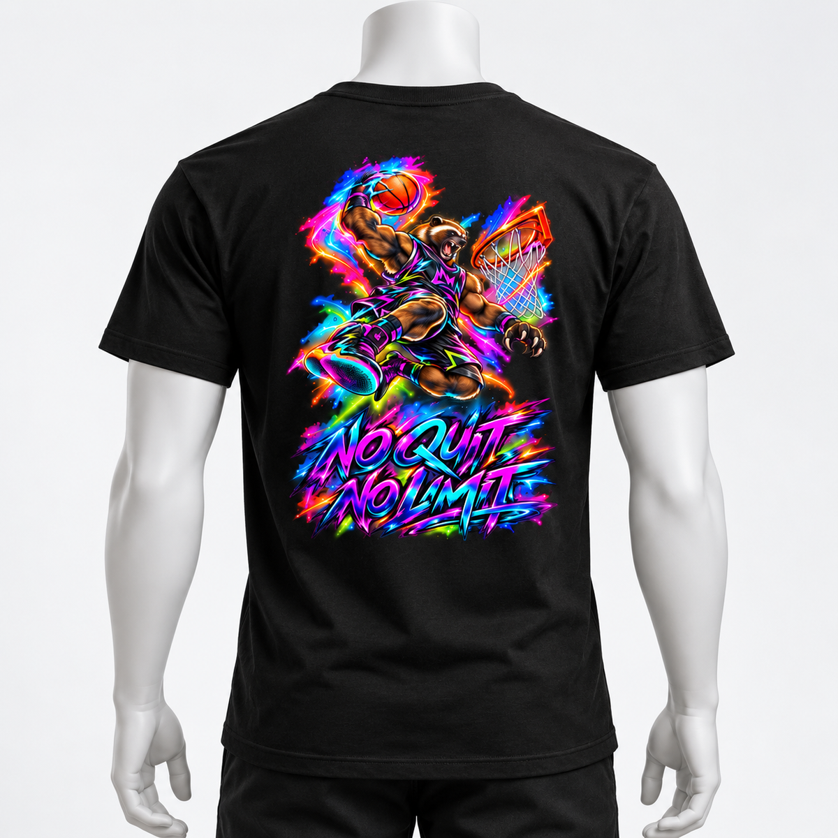 T-shirt basketball noir SKL Motion porté sur mannequin vue de dos avec design dunk No Quit No Limit