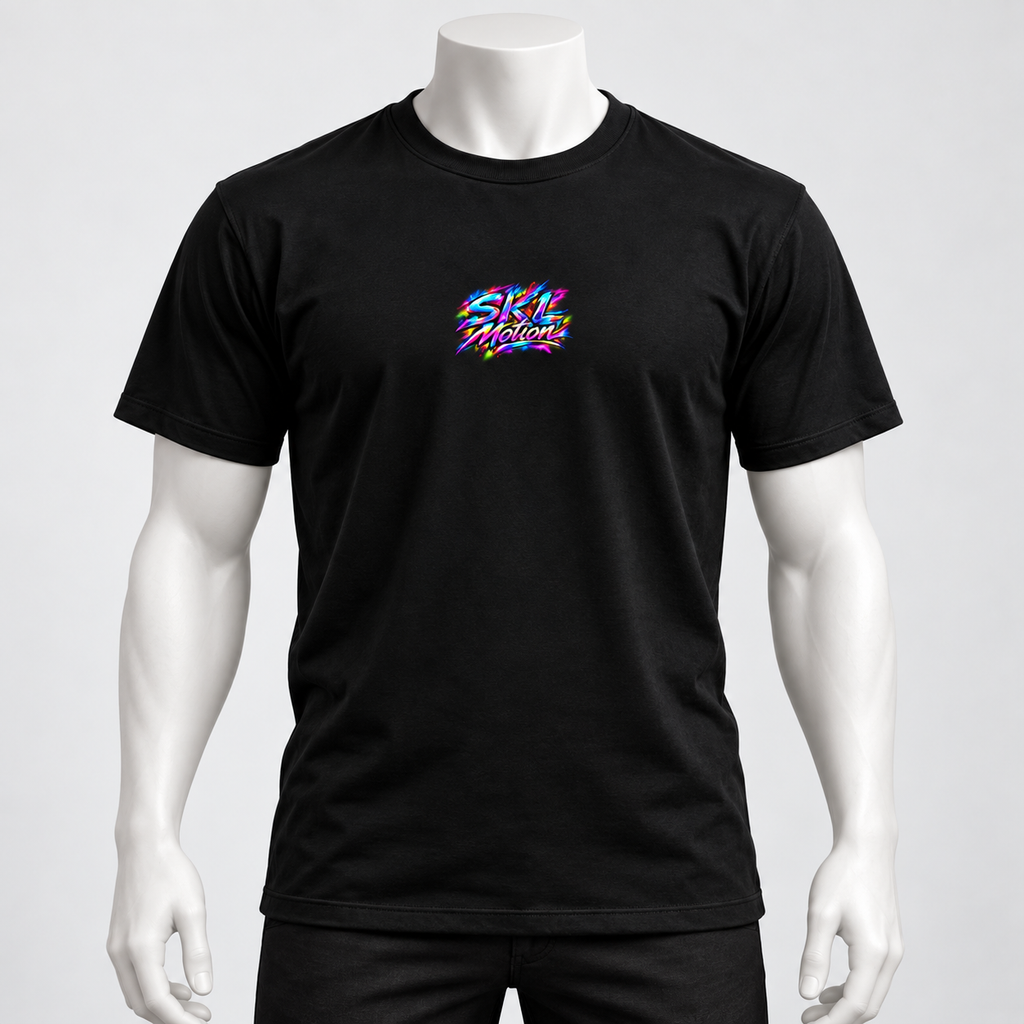 T-shirt basketball noir SKL Motion porté sur mannequin vue de face avec logo poitrine