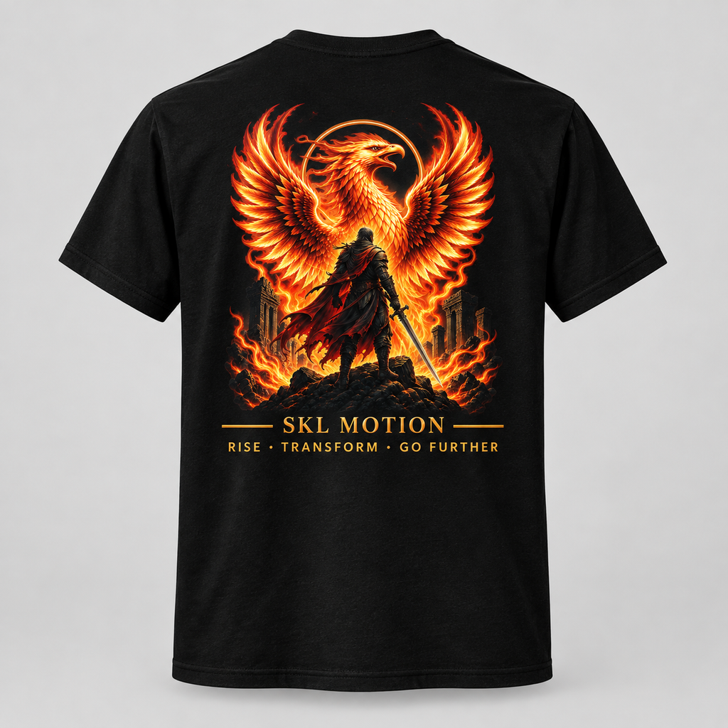 T-shirt Phoenix Warrior noir SKL Motion, vue produit de dos avec illustration phénix et guerrier