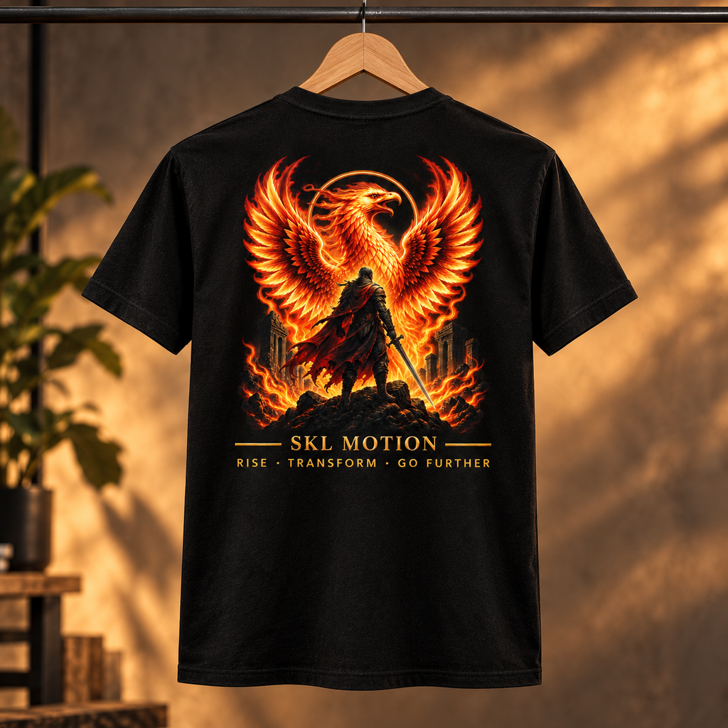 T-shirt Phoenix Warrior noir SKL Motion sur cintre, vue de dos avec motif phénix et guerrier