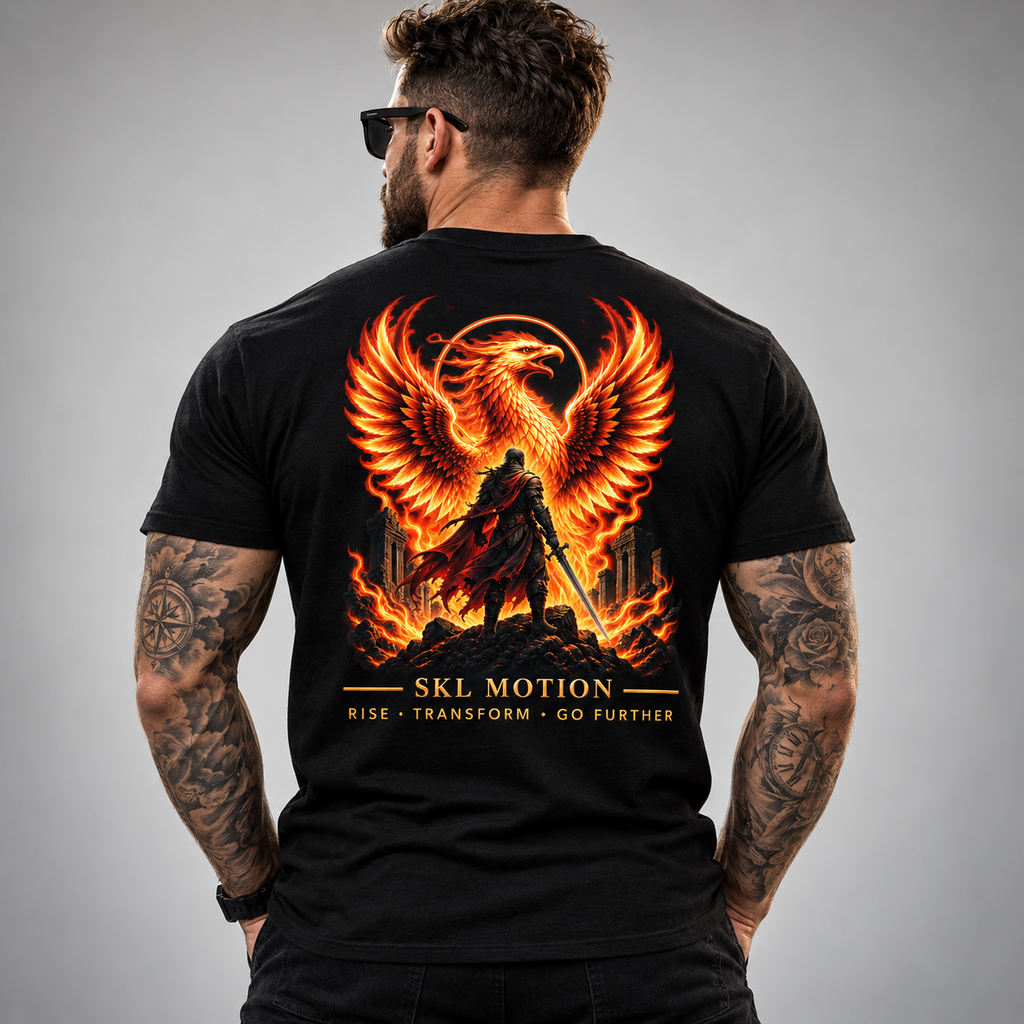 T-shirt Phoenix Warrior noir SKL Motion porté de dos avec grand visuel phénix et guerrier