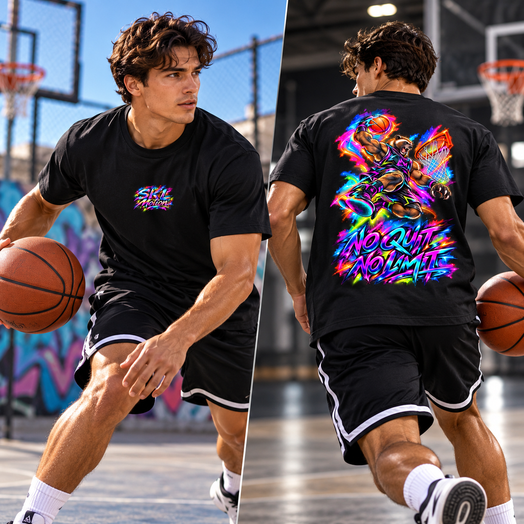 T-shirt basketball noir SKL Motion porté en action sur terrain de basket, vue face et dos