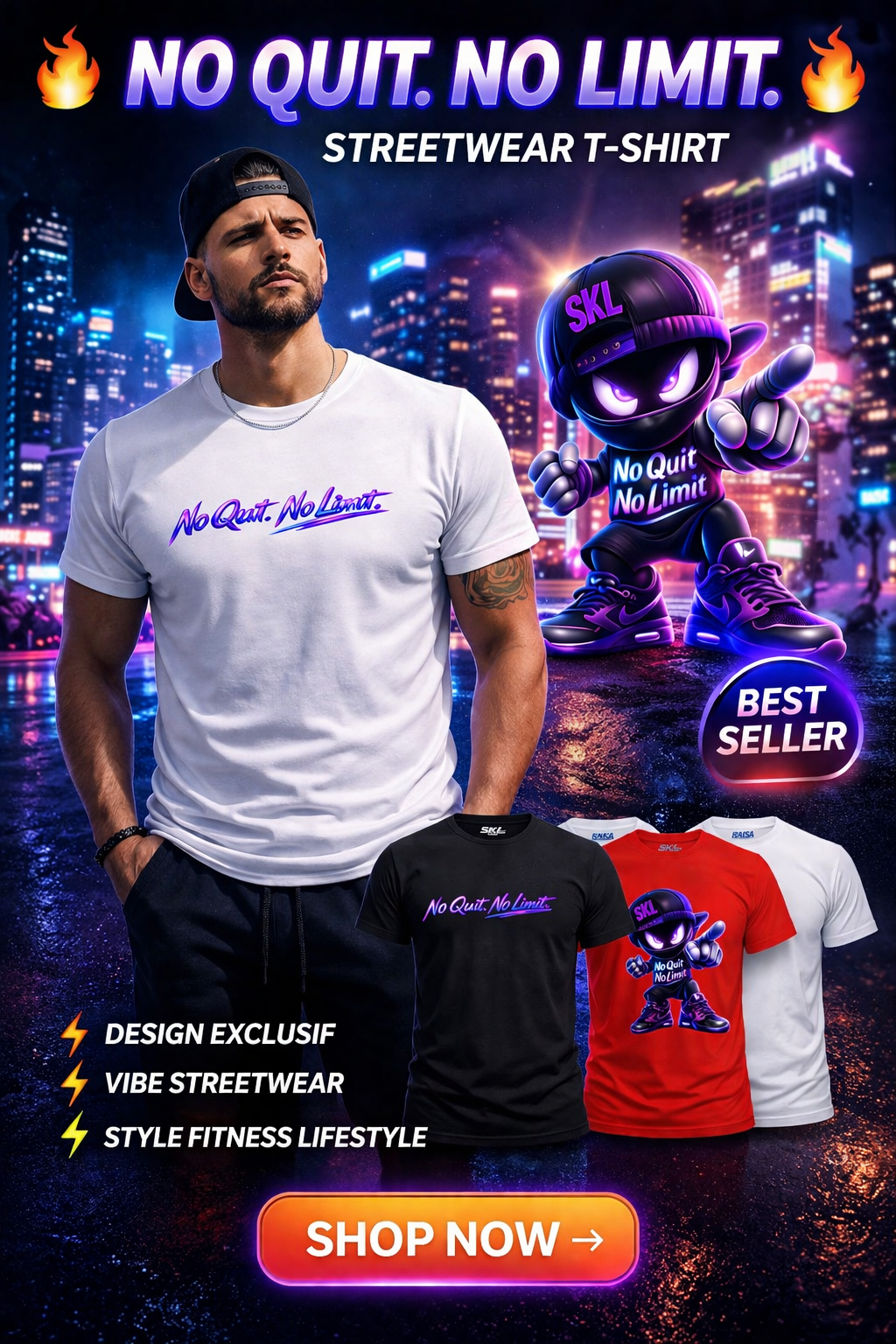 T-shirt Streetwear Ninja SKL – No Quit No Limit | Gildan Softstyle | Fitness Lifestyle | Unisexe