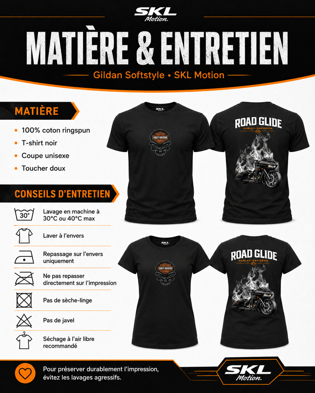 T-Shirt Moto Style Harley Road Glide Noir | T-Shirt Motard Homme | Impression Avant & Dos XXL | SKL Motion