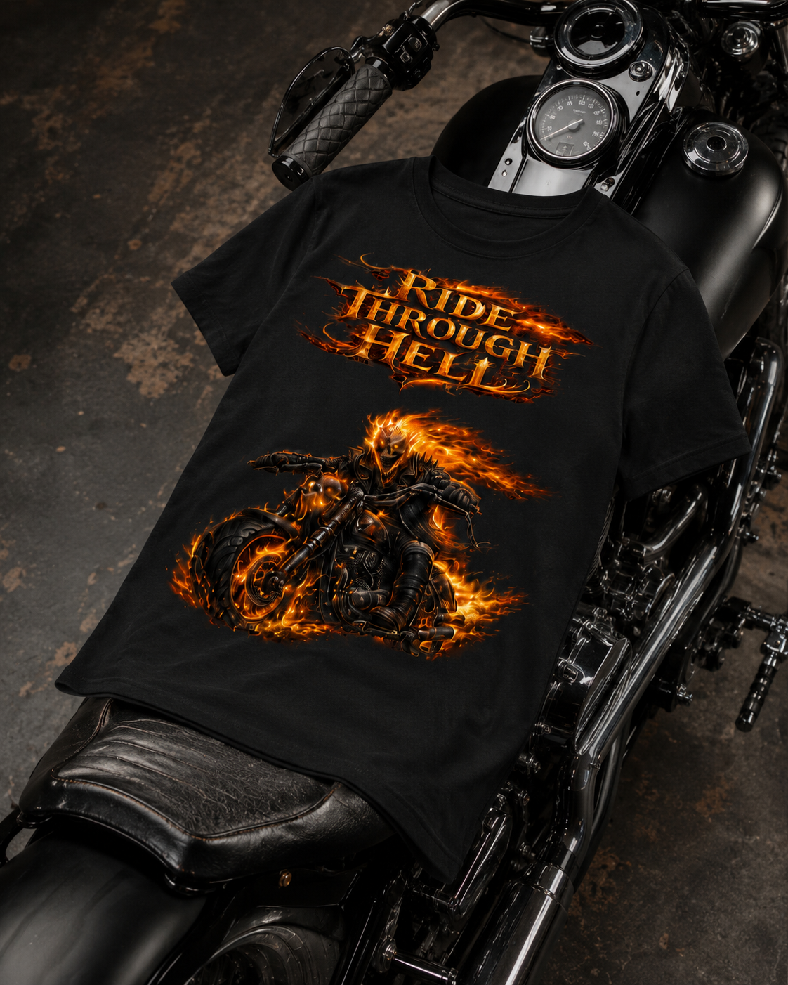 T-shirt biker homme noir – Ride Through Hell / Hellbound – Motard en flammes – Gildan Softstyle