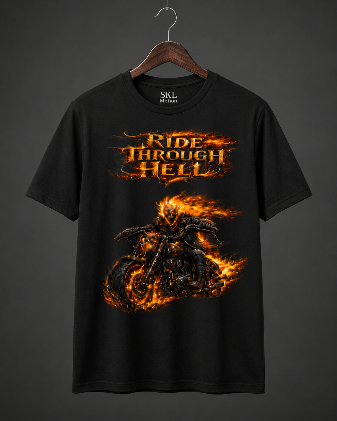 T-shirt biker homme noir – Ride Through Hell / Hellbound – Motard en flammes – Gildan Softstyle