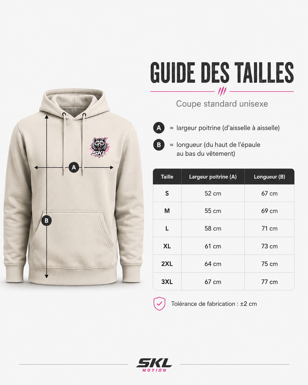 Guide des tailles hoodie unisexe SKL Motion