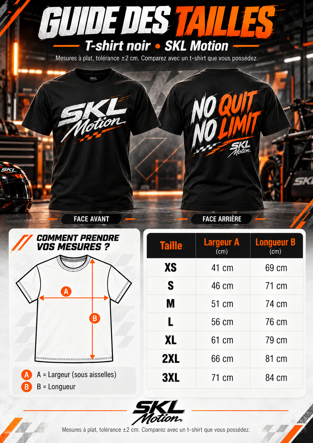 Guide des tailles SKL Motion du XS au 3XL : largeur sous les aisselles et longueur à plat en cm, tolérance ±2 cm