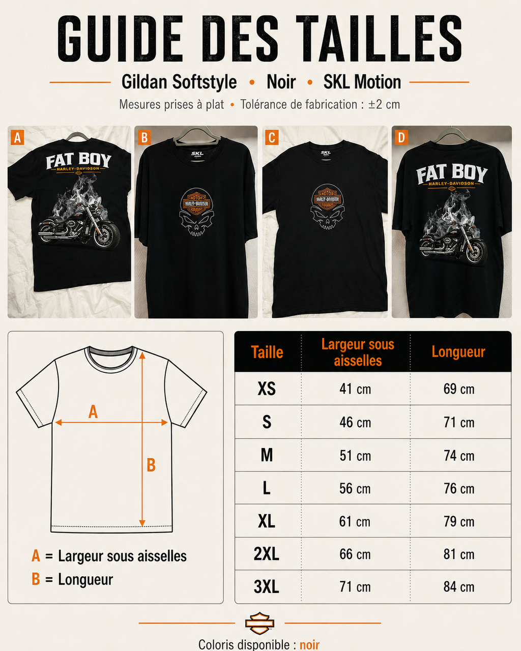 T-Shirt Moto Style Harley Fat Boy Noir | T-Shirt Motard Homme | Impression Avant & Dos XXL | SKL Motion