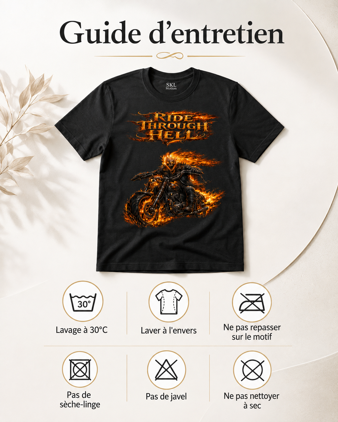 T-shirt biker homme noir – Ride Through Hell / Hellbound – Motard en flammes – Gildan Softstyle