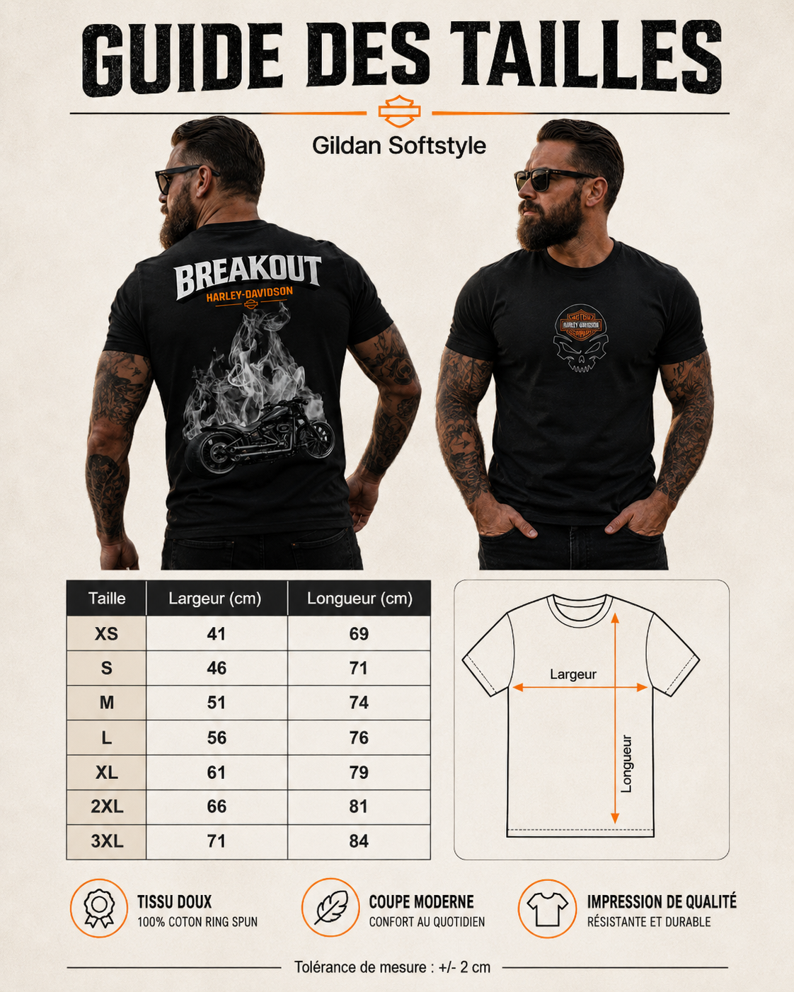 T-Shirt Moto Style Harley Breakout Noir | T-Shirt Motard Homme | Impression Avant & Dos XXL | SKL Motion