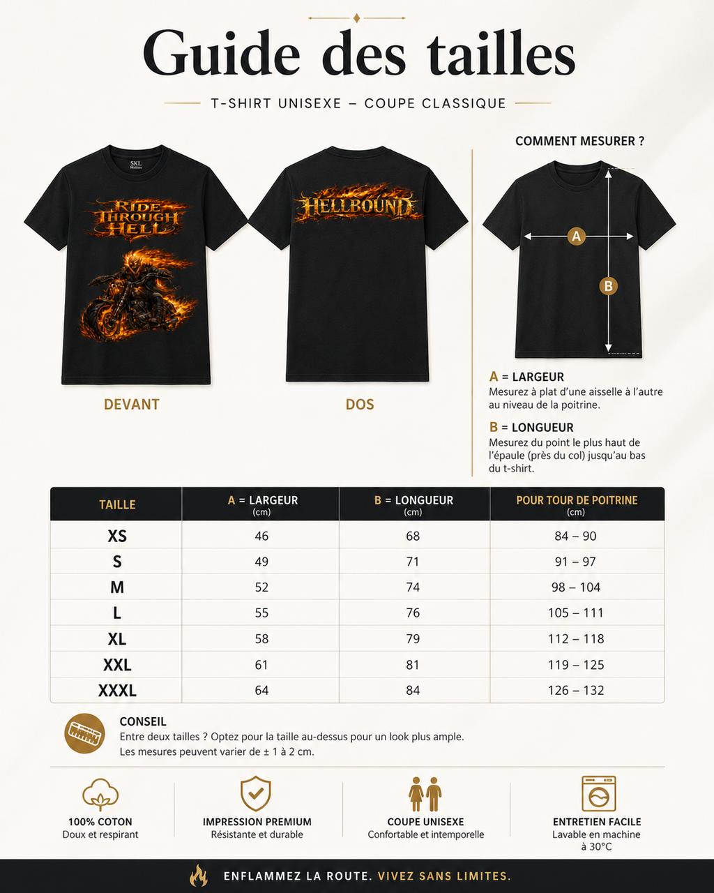 T-shirt biker homme noir – Ride Through Hell / Hellbound – Motard en flammes – Gildan Softstyle