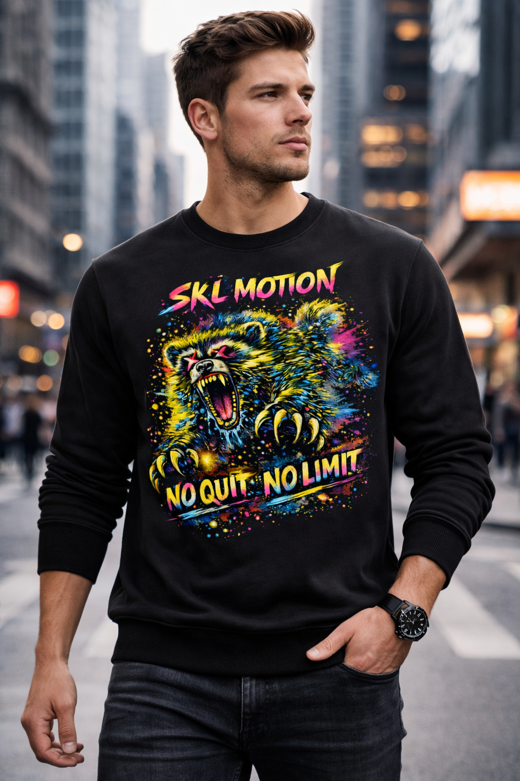 Sweatshirt Unisexe Noir – SKL Motion “No Quit No Limit” Neon Wolverine | Collection Motivation
