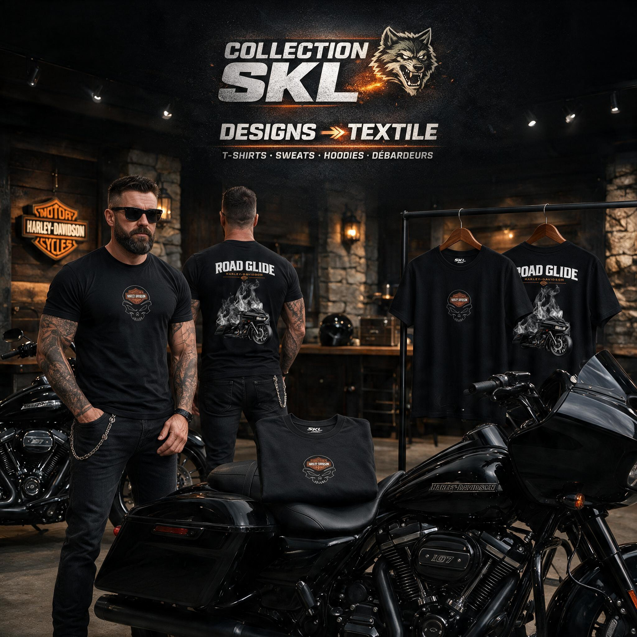 T-Shirt Moto Style Harley Road Glide Noir | T-Shirt Motard Homme | Impression Avant & Dos XXL | SKL Motion