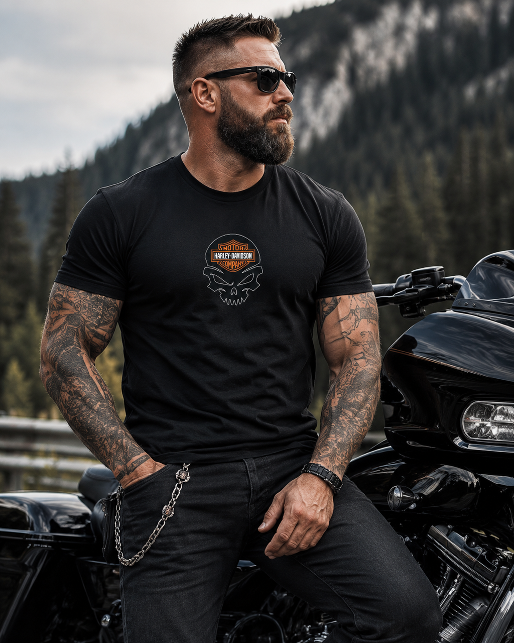 T-Shirt Moto Style Harley Road Glide Noir | T-Shirt Motard Homme | Impression Avant & Dos XXL | SKL Motion