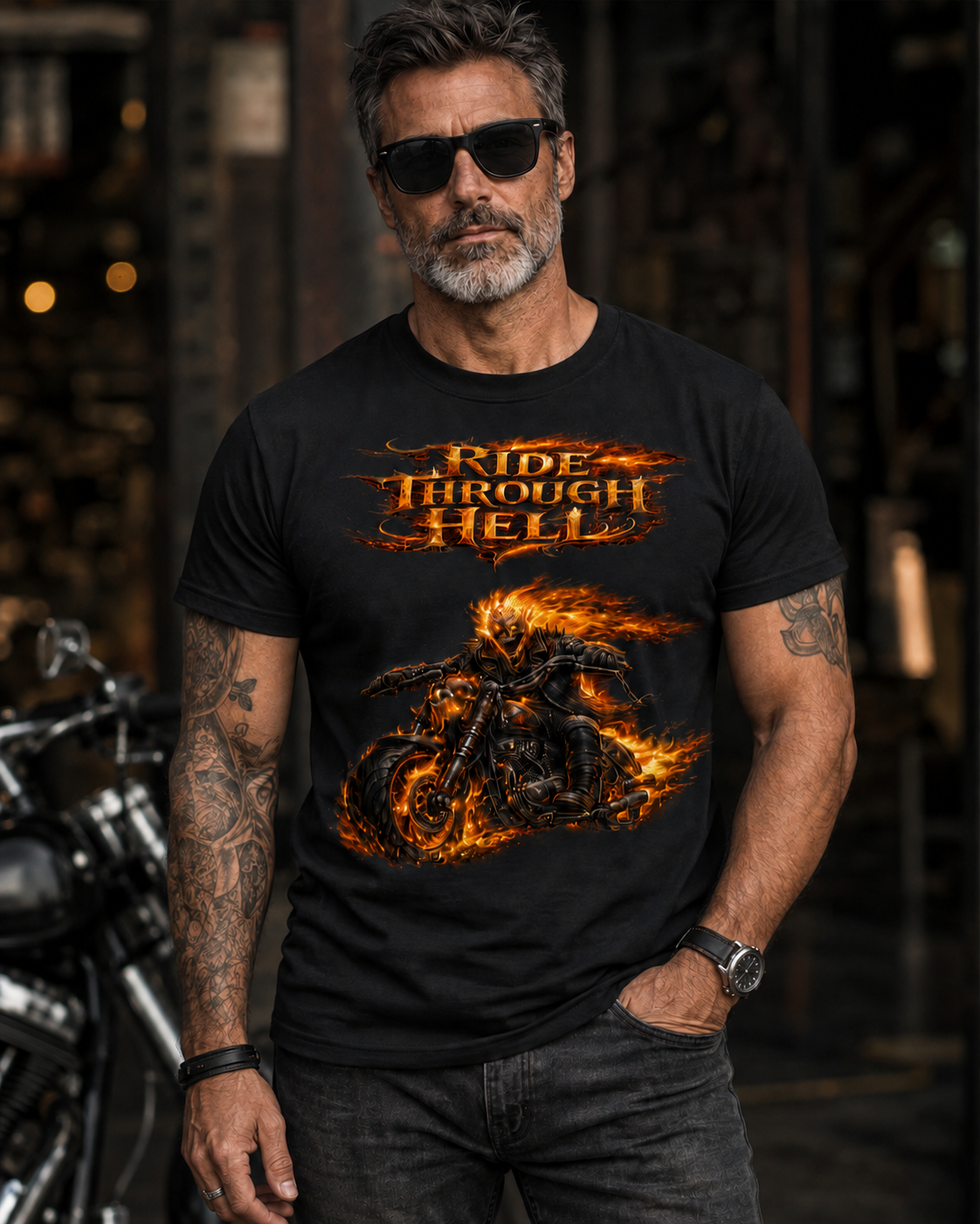 T-shirt biker homme noir – Ride Through Hell / Hellbound – Motard en flammes – Gildan Softstyle