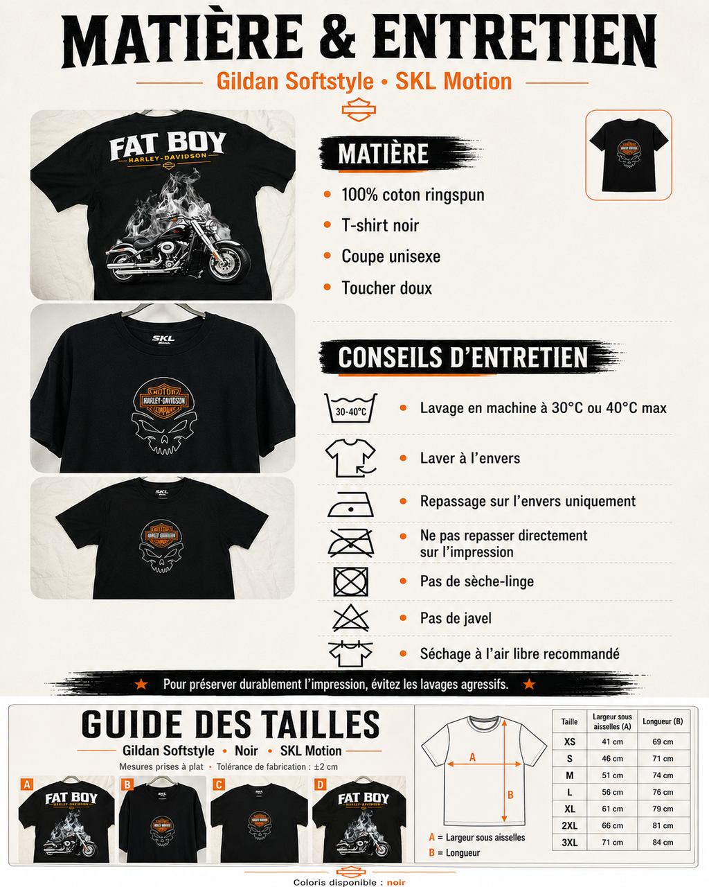 T-Shirt Moto Style Harley Fat Boy Noir | T-Shirt Motard Homme | Impression Avant & Dos XXL | SKL Motion