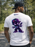 T-shirt Ninja Street blanc porté de dos, avec personnage ninja violet et bleu et logo SKL Motion sous la nuque.