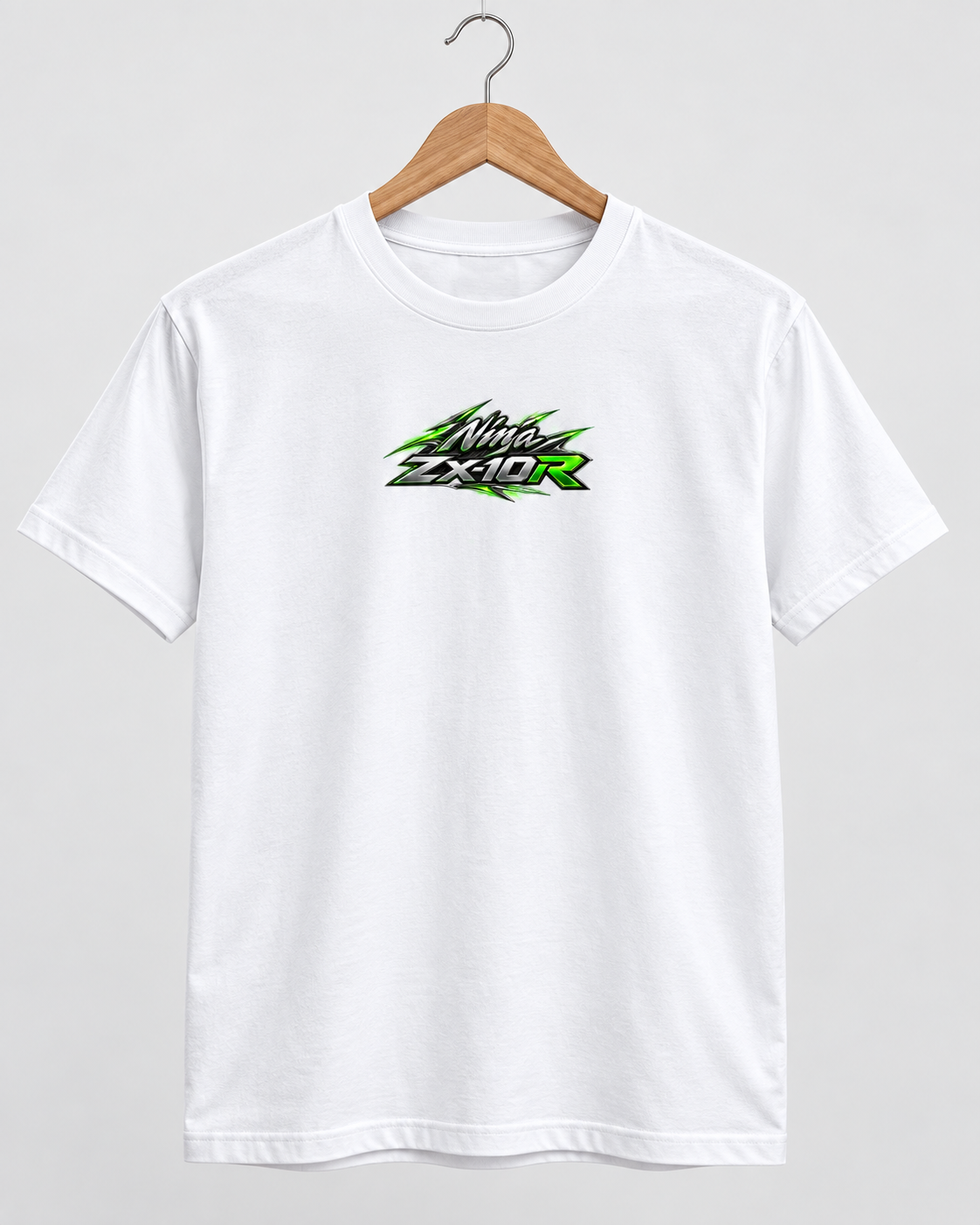 T-shirt Ninja ZX-10R Kawasaki blanc sur cintre, petit logo sur la poitrine — SKL Motion