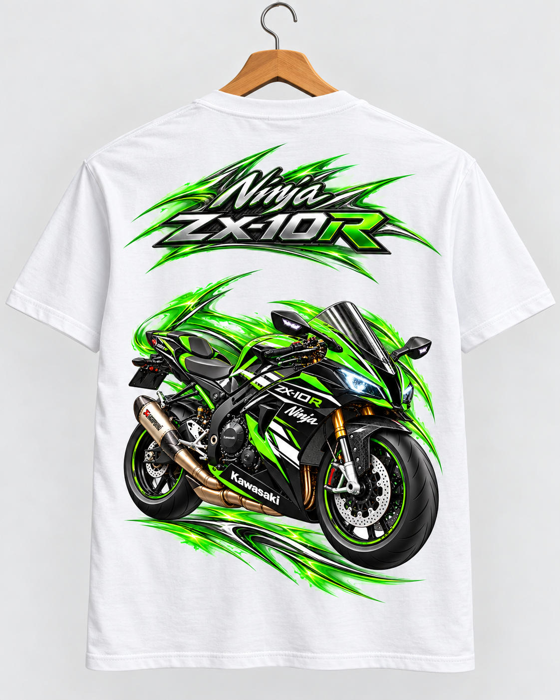 T-shirt Ninja ZX-10R Kawasaki blanc sur cintre, grand visuel moto au dos — SKL Motion