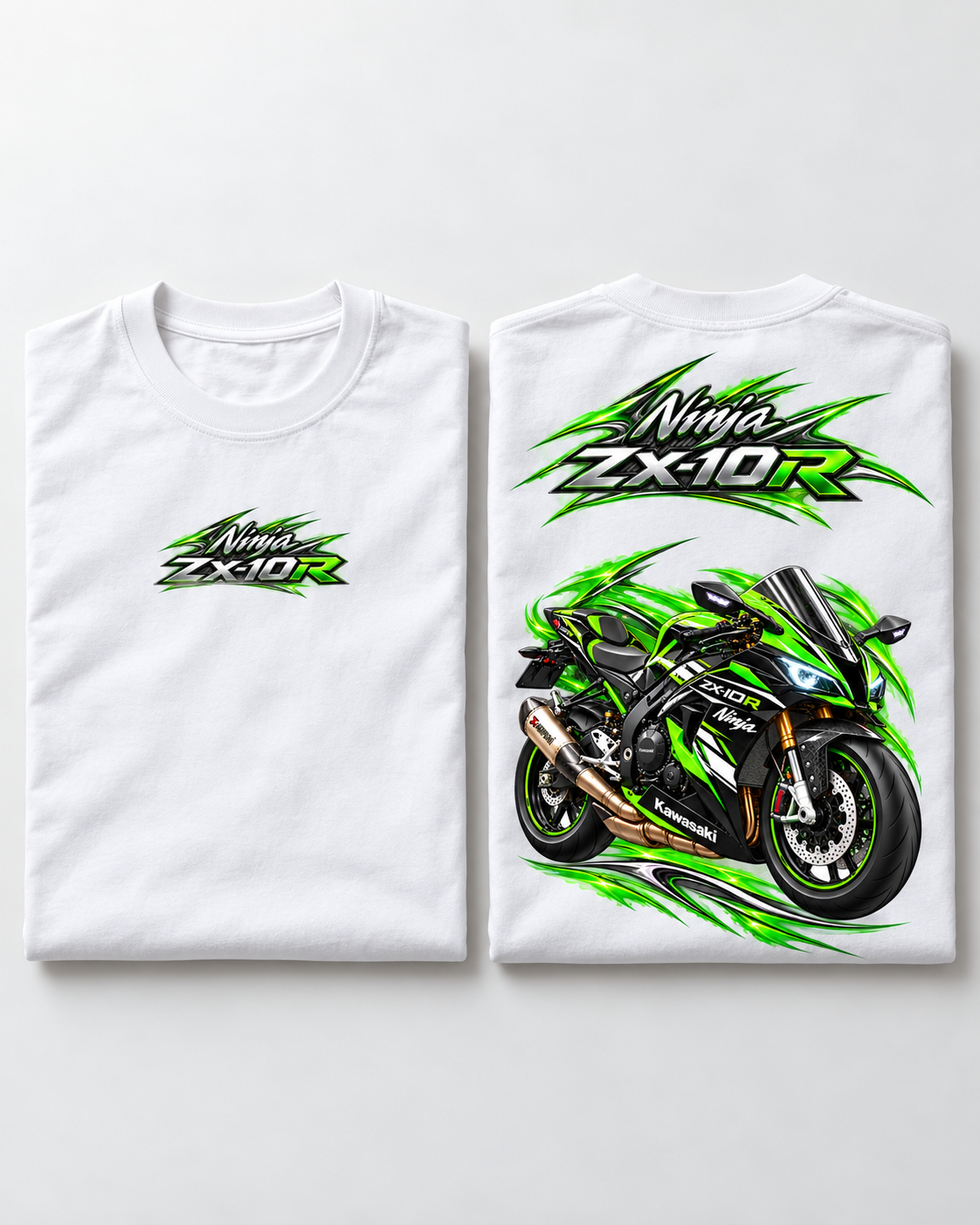 T-shirt Ninja ZX-10R Kawasaki blanc présenté à plat, vues de face et de dos — SKL Motion