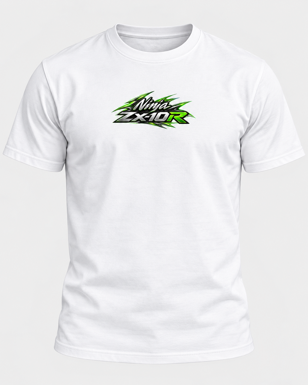 T-shirt Ninja ZX-10R Kawasaki blanc vu de face, petit logo Ninja sur la poitrine — SKL Motion