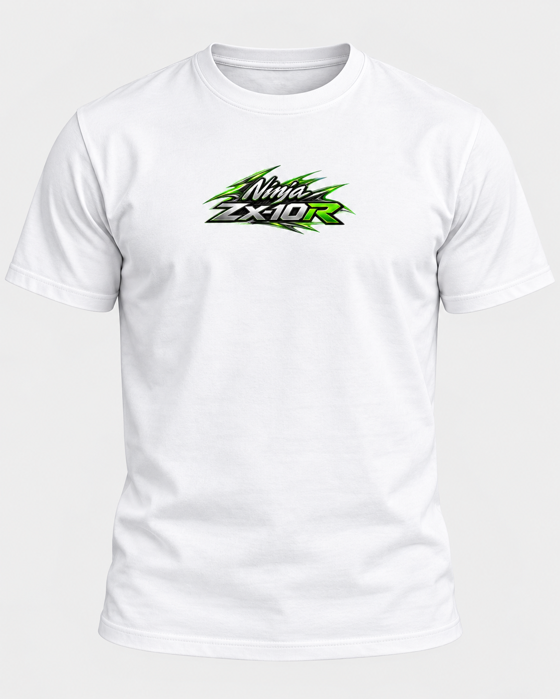T-shirt Ninja ZX-10R Kawasaki blanc vu de face, petit logo Ninja sur la poitrine — SKL Motion