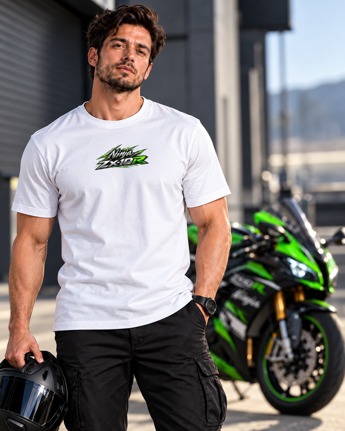 T-shirt Ninja ZX-10R Kawasaki blanc porté de face, petit logo sur la poitrine — SKL Motion