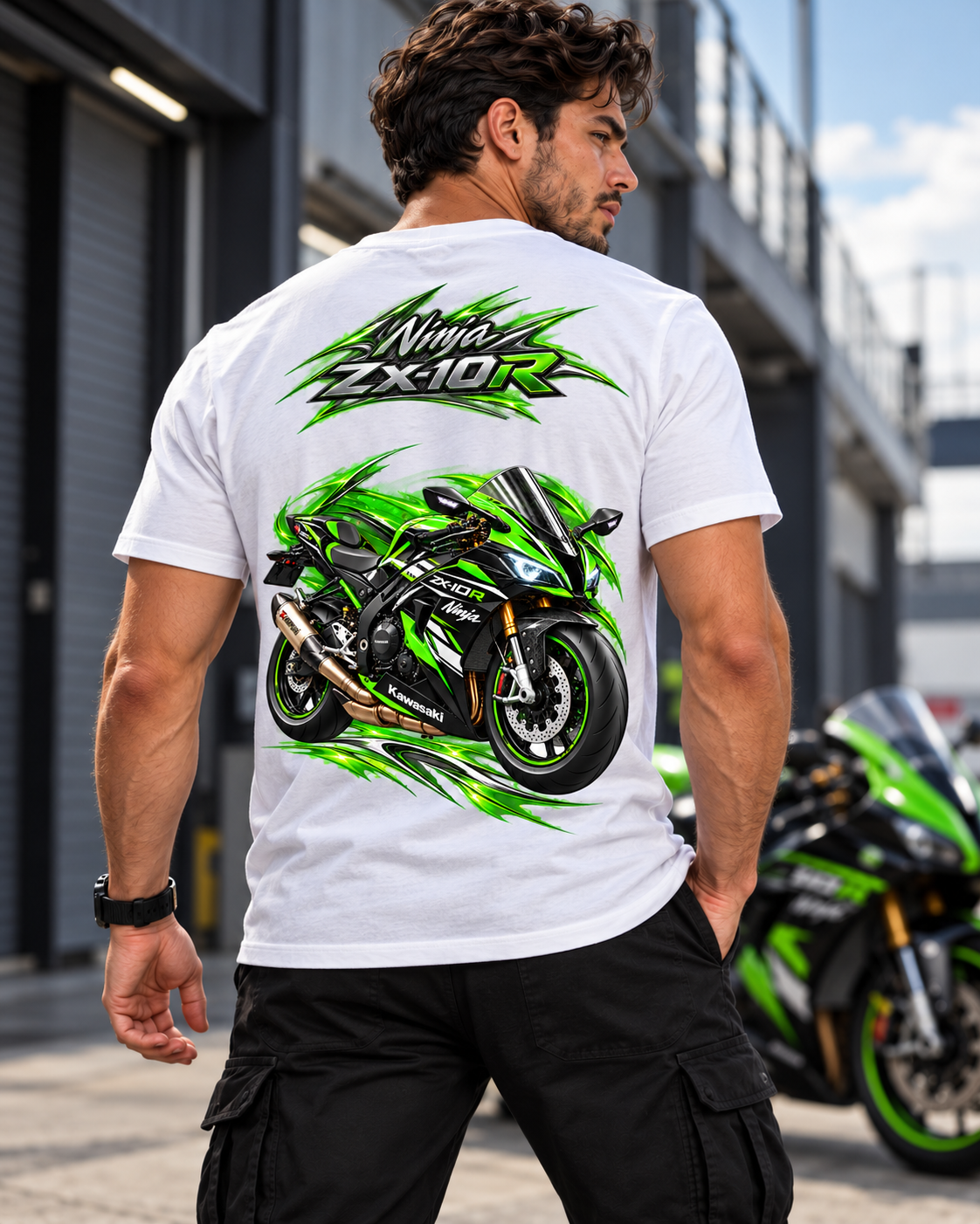 T-shirt Ninja ZX-10R Kawasaki blanc porté de dos, grand visuel moto — SKL Motion