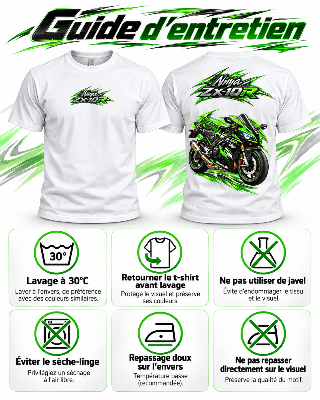 Guide d’entretien du t-shirt Ninja ZX-10R blanc