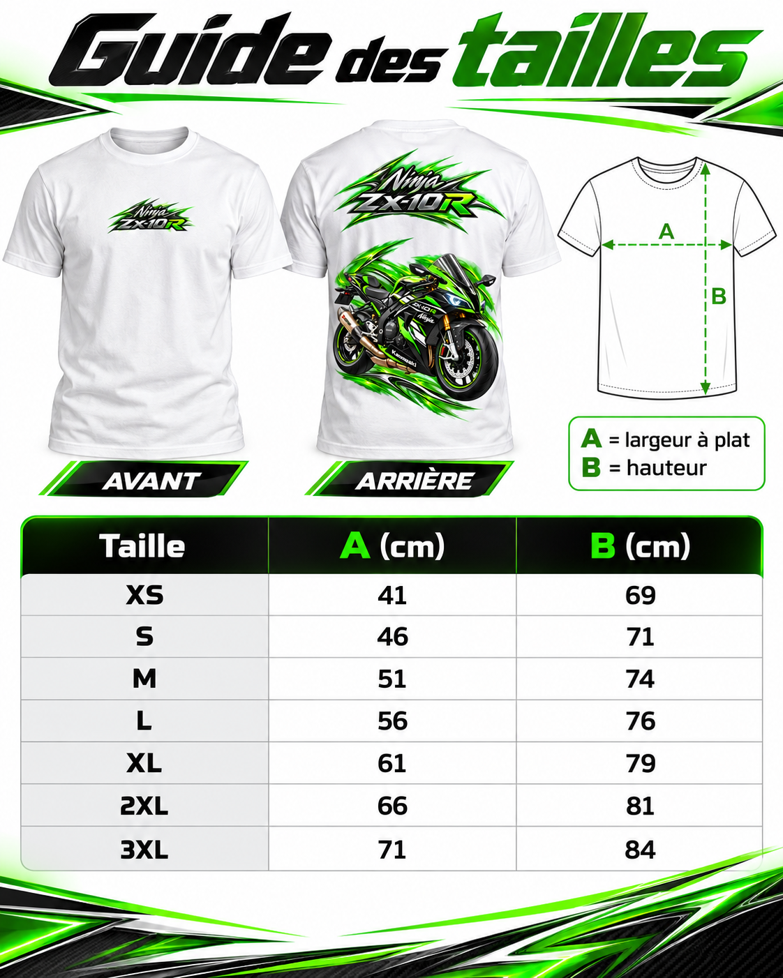 Guide des tailles du t-shirt Ninja ZX-10R du XS au 3XL