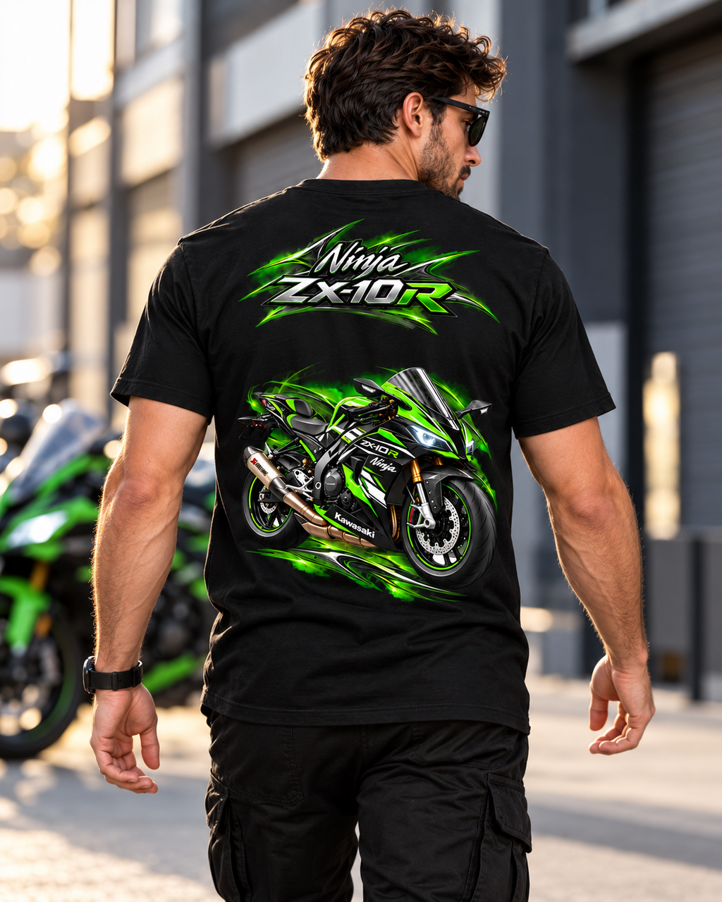 T-shirt Ninja ZX-10R Kawasaki noir porté de dos, grand visuel moto — SKL Motion
